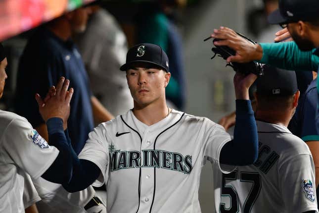 Aug 28, 2023; Seattle, Washington, USA; Seattle Mariners starting pitcher Bryan Woo (33) in the dugout during the sixth inning against the Oakland Athletics at T-Mobile Park.