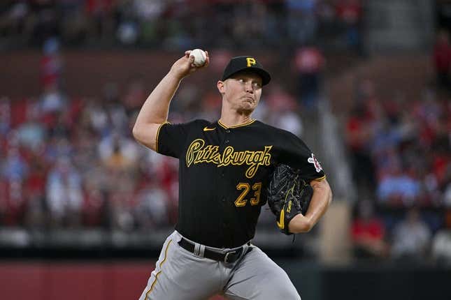 Sep 1, 2023; St. Louis, Missouri, USA;  Pittsburgh Pirates starting pitcher Mitch Keller (23) pitches against the St. Louis Cardinals during the first inning at Busch Stadium.