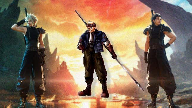 An altered Final Fantasy VII Rebirth shows Cid standing next to Zack and Cloud. 