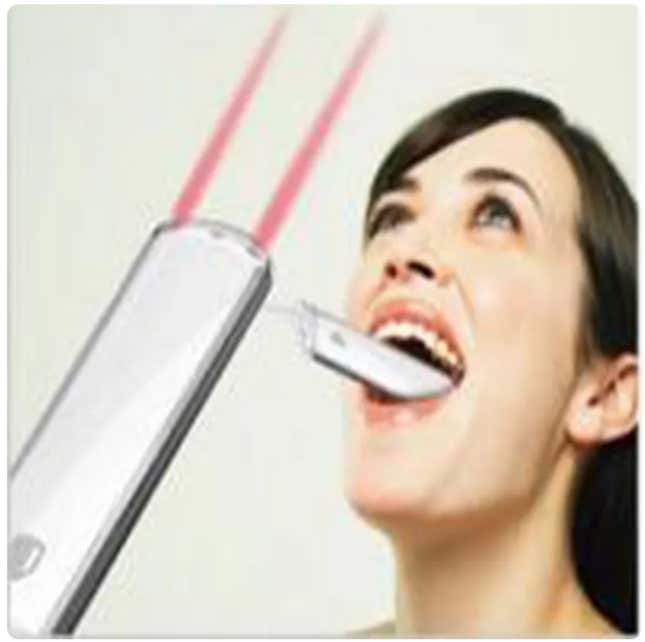 A woman with a device that shoots lasers in her mouth.