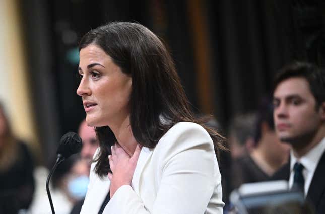 Cassidy Hutchinson, an aide to then White House chief of staff Mark Meadows, describes the actions of former US president Donald Trump as he was returing in the limousine to the White House after speaking to supporters on the Ellipse, during a House Select Committee hearing to Investigate the January 6th Attack on the US Capitol, in the Cannon House Office Building on Capitol Hill in Washington, DC on June 28, 2022.
