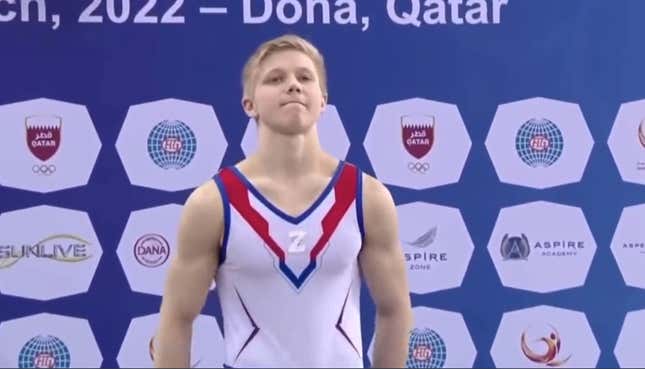 Russian Ivan Kuliak put a “Z” on his leotard in support of the invasion of Ukraine.