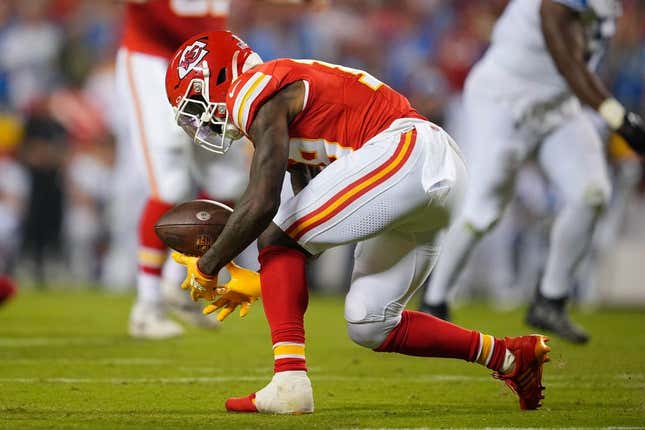 Sep 7, 2023; Kansas City, Missouri, USA; Kansas City Chiefs wide receiver Kadarius Toney (19) is unable to make the catch during the second half against the Detroit Lions at GEHA Field at Arrowhead Stadium.