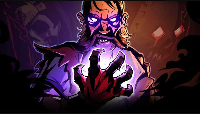 A man holds glowing purple power in his hand.