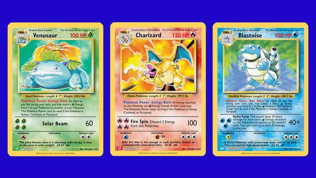 Classic Pokemon cards appear over top a blue background. 