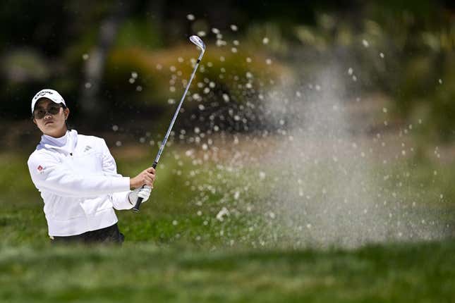 Jul 9, 2023; Pebble Beach, California, USA; Rose Zhang hits out of the bunker on the second hole during the final round of the U.S. Women&#39;s Open golf tournament at Pebble Beach Golf Links.