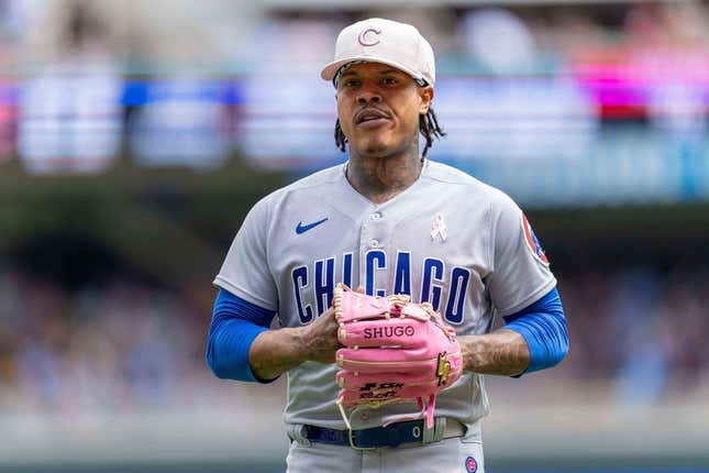 May 14, 2023; Minneapolis, Minnesota, USA; Chicago Cubs starting pitcher Marcus Stroman (0) exits the game against the Minnesota Twins at Target Field.