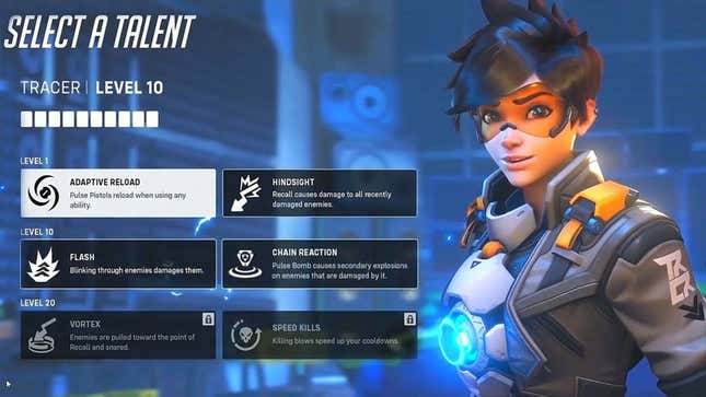 A screenshot featuring the originally proposed PvE mode which included different abilities for Tracer, shown at BlizzCon 2019.