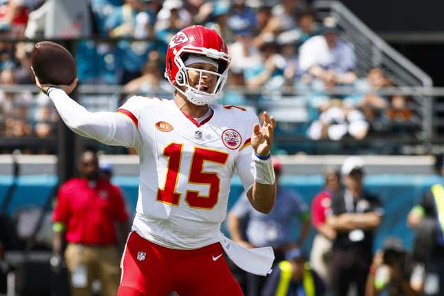Sep 17, 2023; Jacksonville, Florida, USA; Kansas City Chiefs quarterback Patrick Mahomes (15) throws a pass against Jacksonville Jaguars during the first quarter at EverBank Stadium.