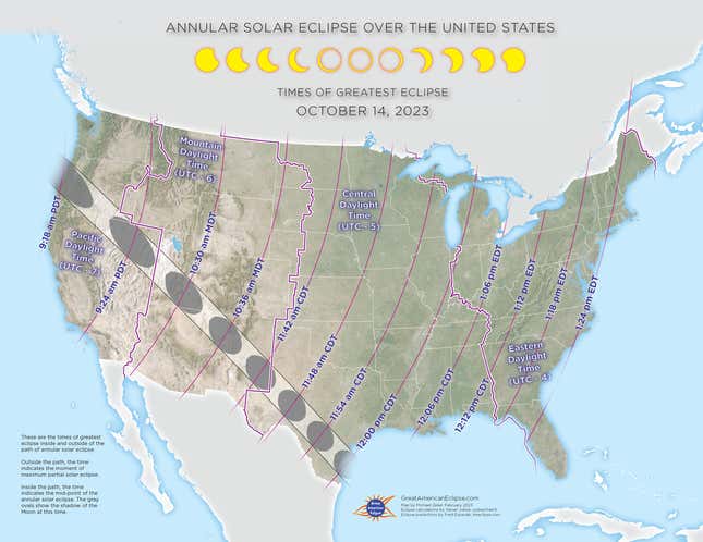 خريطة توضح أوقات الكسوف في جميع أنحاء الولايات المتحدة.