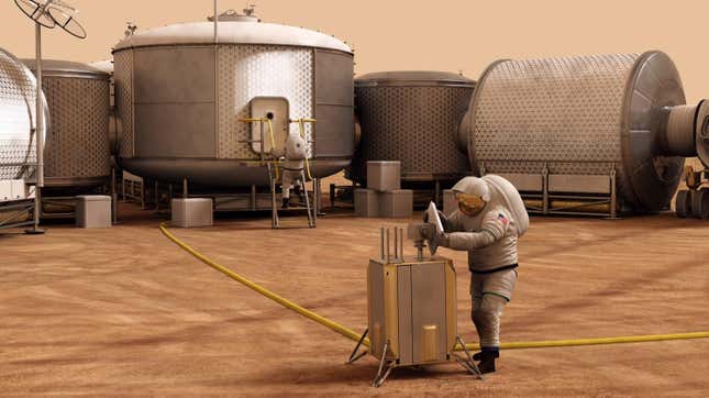 Artist’s conception of a crewed mission to Mars, including habitats on the surface.