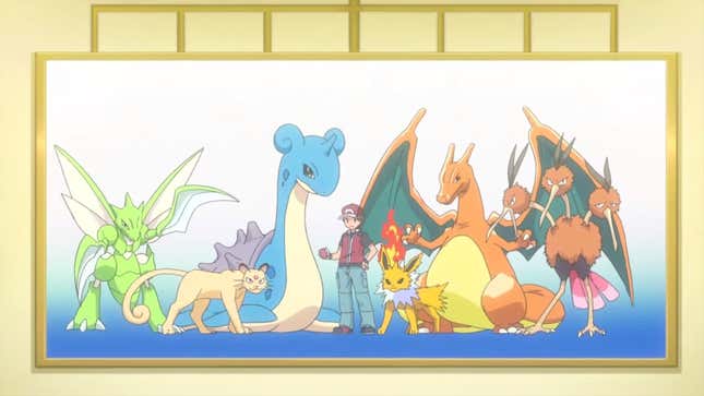 A photo shows Red, Lapras, Persian, Scyther, Jolteon, Charizard, and Dodrio posed in a group shot.
