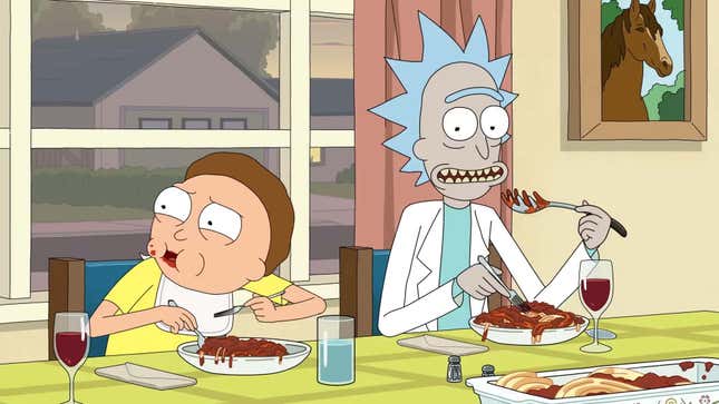 A screenshot shows Rick and Morty eating pasta.  