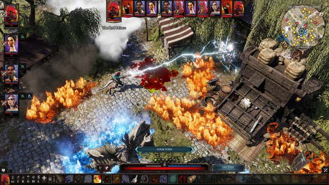 A screenshot of Divinity: Original Sin 2 shows flames engulfing a cobble stone area.