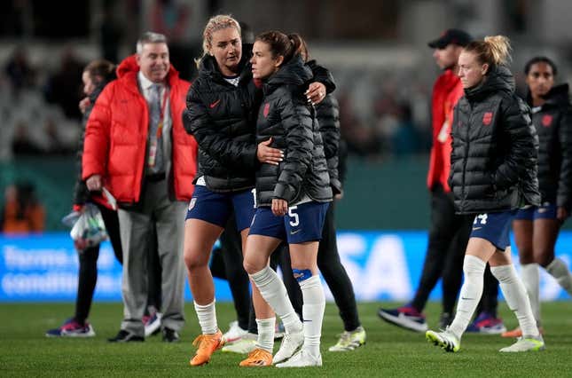 Aug 1, 2023; Auckland, NZL; United States midfielder Lindsey Horan (10) and defender Kelley O&#39;Hara (5) after a group stage match against Portugal during the 2023 FIFA Women&#39;s World Cup at Eden Park.