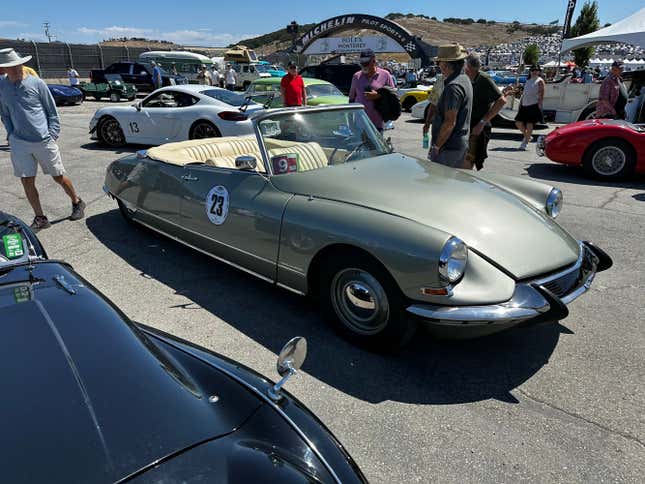 A Henri Chapron-bodied Citroen DS Decapotable is parked in the Bring-A-Trailer lot at Laguna Seca