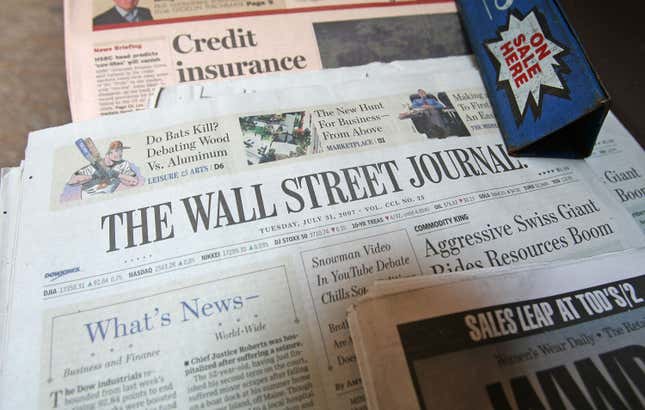 The Wall Street Journal sits on a downtown newsstand July 31, 2007 in New York City. Rupert Murdoch's News Corp. has reportedly secured sufficient votes from the Bancroft family to take over Dow Jones Co.