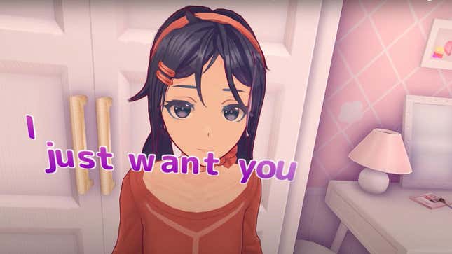 The protagonist of "waifu" game MiSide stands in her bedroom while the words "I just want you" appear in purple text.