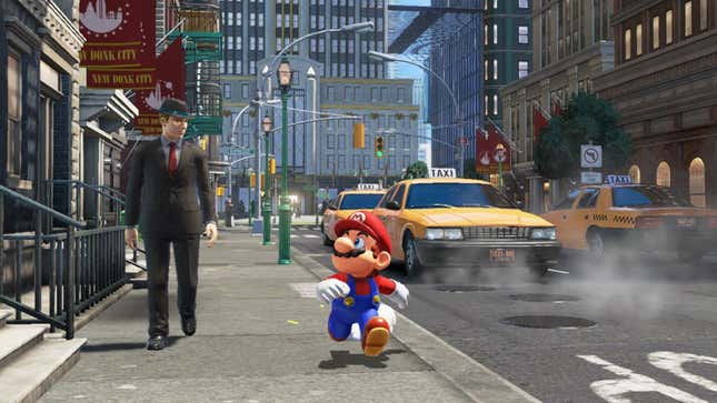 Mario passes a corporate shill in New Donk City.