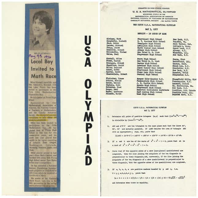 Left: an article from 1976 where Miles placed 23rd in the US Math Olympiad; top: in 1977 Miles placed 9th in the competition; bottom: questions from the 1977 USA Math Olympiad.