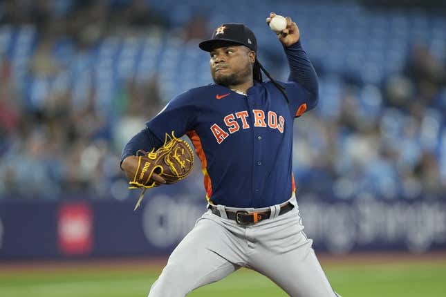Jun 8, 2023; Toronto, Ontario, CAN; Houston Astros starting pitcher Framber Valdez (59) pitches to the Toronto Blue Jays during the fifth inning at Rogers Centre.