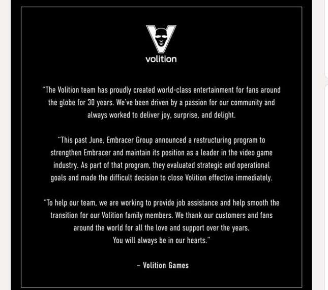 A screenshot shows Volition's closure announcement.