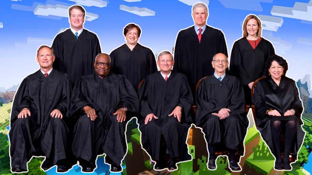 The justices of the United States Supreme Court superimposed over a Minecraft landscape.