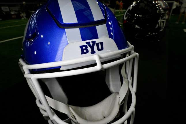 Jul 13, 2023; Arlington, TX, USA; A view of the BYU Cougars helmet and logo during the Big 12 football media day at AT&amp;amp;T Stadium.