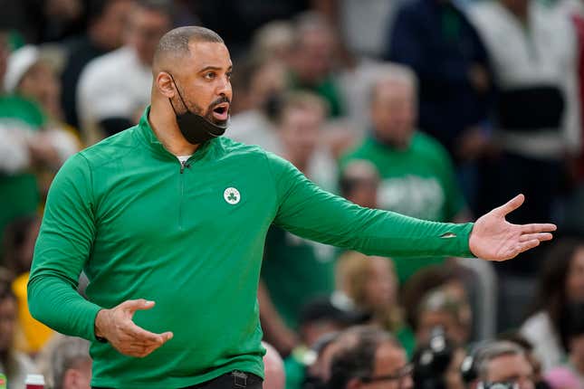 Boston Celtics coach Ime Udoka reacts during the fourth quarter of Game 6 of basketball’s NBA Finals against the Golden State Warriors, Thursday, June 16, 2022, in Boston. The Boston Celtics are planning to discipline coach Ime Udoka, likely with a suspension, because of an improper relationship with a member of the organization, two people with knowledge of the matter told The Associated Press on Thursday, Sept. 22, 2022.