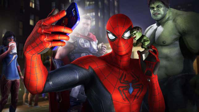 Spider-Man takes a selfie with a Hulk figure while other superheroes stand behind him. 