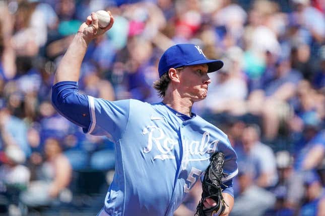 May 27, 2023; Kansas City, Missouri, USA; Kansas City Royals starting pitcher Brady Singer (51) delivers a pitch against the Washington Nationals in the first inning at Kauffman Stadium.