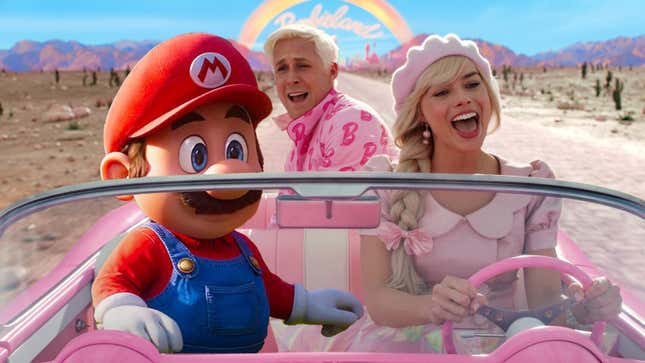 Barbie and Ken take Mario for a ride. 