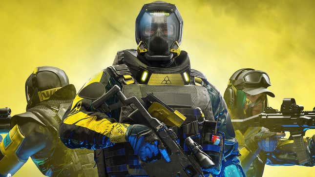 Three members of Rainbow Six in hazmat suits stand together while holding assault rifles. 