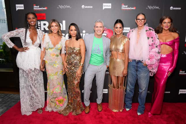 Ubah Hassan, from left, Erin Lichy, Sai De Silva, Andy Cohen, Jessel Taank, Jenna Lyons and Brynn Whitfield attend Bravo’s “The Real Housewives of New York City” premiere party at the Rainbow Room on Wednesday, July 12, 2023, in New York.