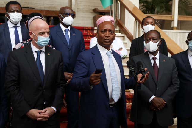CAF president Patrice Motsepe with FIFA president Gianni Infantino at an event