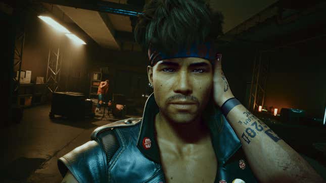 A screenshot from Cyberpunk 2077 depicting side character and musician Kerry Eurodyne staring into the camera.