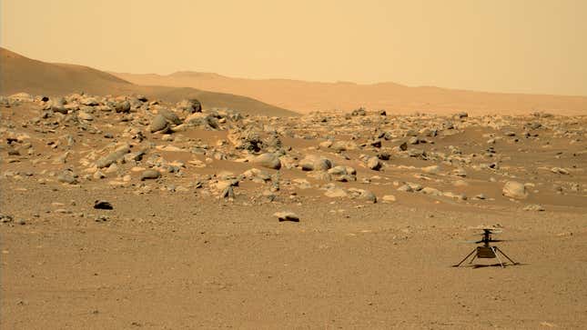 The Ingenuity helicopter on the ground on Mars.