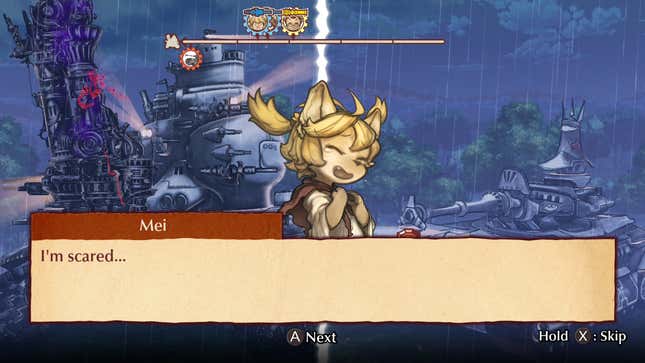 A screenshot from the game Fuga: Melodies of Steel showing a scared kitten character named Mei. 