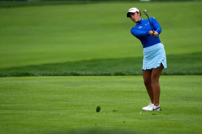Ally Ewing watches her approach shot on hole two of the Kendale Course during the final round of the Kroger Queen City Championship presented by P&amp;amp;G at the Kenwood Country Club in Madeira on Sunday, Sept. 11, 2022.

Lpga Queen City Championship 0170