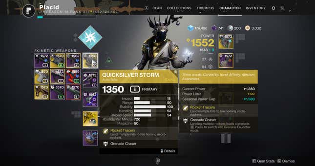 Quicksilver Storm's stats are displayed in the inventory.