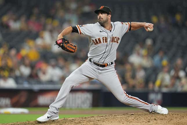 Aug 31, 2023; San Diego, California, USA;  San Francisco Giants relief pitcher Scott Alexander (54) throws a pitch against against the San Diego Padres during the ninth inning at Petco Park.