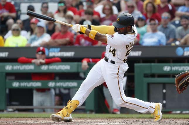 Jul 30, 2023; Pittsburgh, Pennsylvania, USA; Pittsburgh Pirates center fielder Josh Palacios (54) hits a game winning two run home run against the Philadelphia Phillies during the tenth inning at PNC Park.
