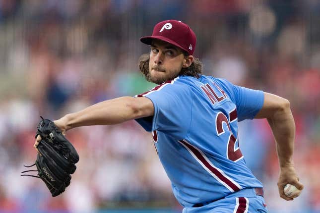 Aug 10, 2023; Philadelphia, Pennsylvania, USA; Philadelphia Phillies starting pitcher Aaron Nola (27) throws a pitch during the third inning against the Washington Nationals at Citizens Bank Park.