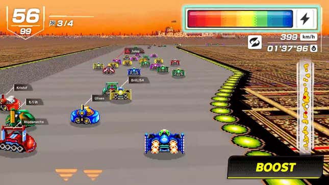 A retro-styled track in F-Zero 99, with many cars upon it.
