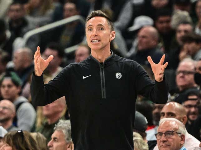 Oct 26, 2022; Milwaukee, Wisconsin, USA; Brooklyn Nets head coach Steve Nash calls a play in the second quarter during game against the Milwaukee Bucks at Fiserv Forum.