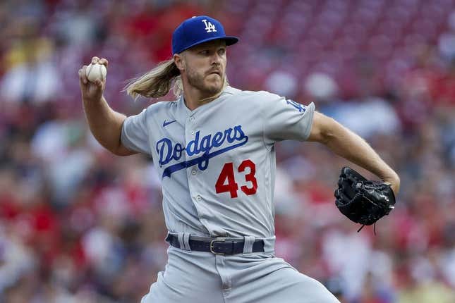 Jun 7, 2023; Cincinnati, Ohio, USA; Los Angeles Dodgers starting pitcher Noah Syndergaard (43) pitches against the Cincinnati Reds in the first inning at Great American Ball Park.