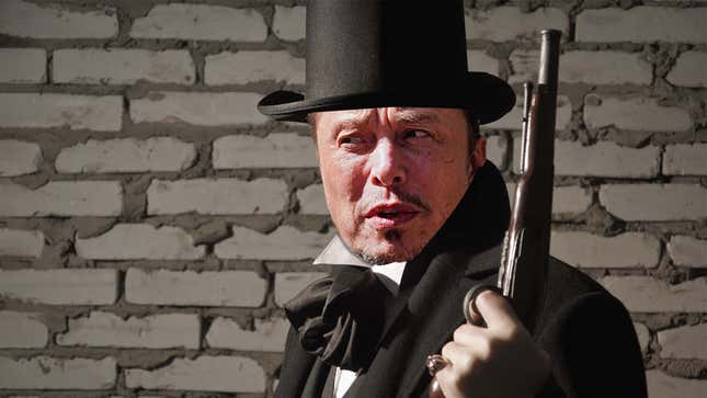 A photoshopped image of Elon Musk shows him holding a pistol while wearing a brimmed hat. 