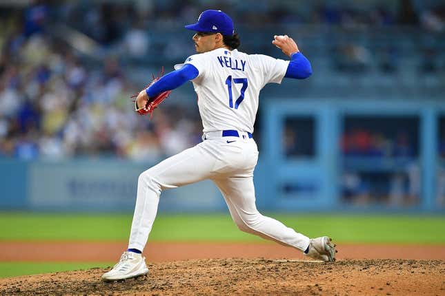 Jul 29, 2023; Los Angeles, California, USA; Los Angeles Dodgers relief pitcher Joe Kelly (17) throws against the Cincinnati Reds during the sixth inning at Dodger Stadium.
