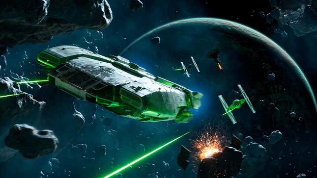 An image shows the new ship running away from TIE Fighters. 