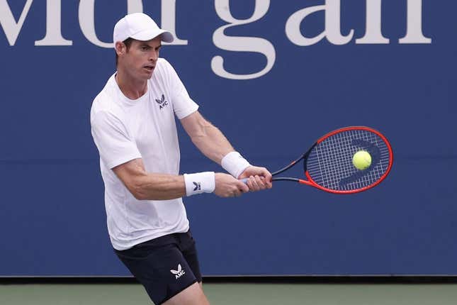 Aug 29, 2023; Flushing, NY, USA; Andy Murray of Great Britain hits a backhand against Corentin Moutet of France (not pictured) on day two of the 2023 U.S. Open tennis tournament at USTA Billie Jean King National Tennis Center.